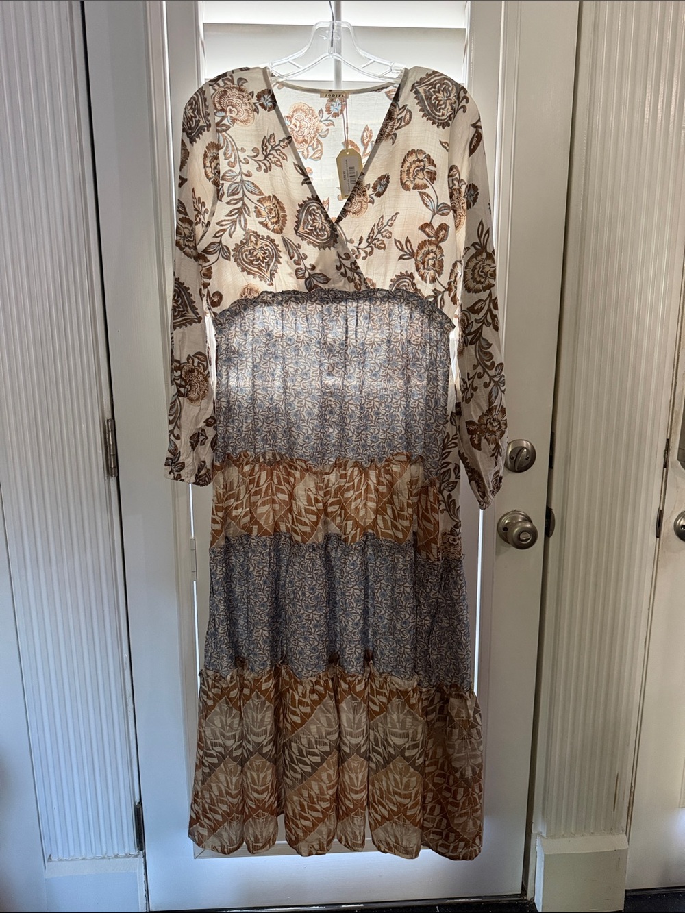 Boho Floral Tiered Maxi Dress in Cream and Brown - size medium- NWT